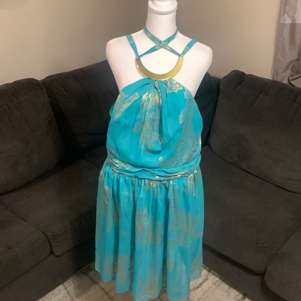 Turquoise around the neck open back dress